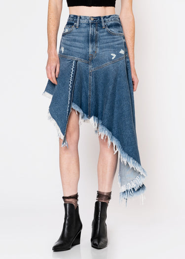 Noend Denim Mandy asymmetrical denim skirt featuring uneven hem and classic blue denim fabric, stylish and modern design.