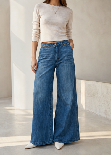 A model wearing a pair of high-waisted, wide-leg blue denim jeans with a beige knit top and white pointed-toe heels, standing in a minimalist, sunlit studio setting.
