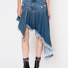 Noend Denim Mandy asymmetrical denim skirt featuring uneven hem and classic blue denim fabric, stylish and modern design.