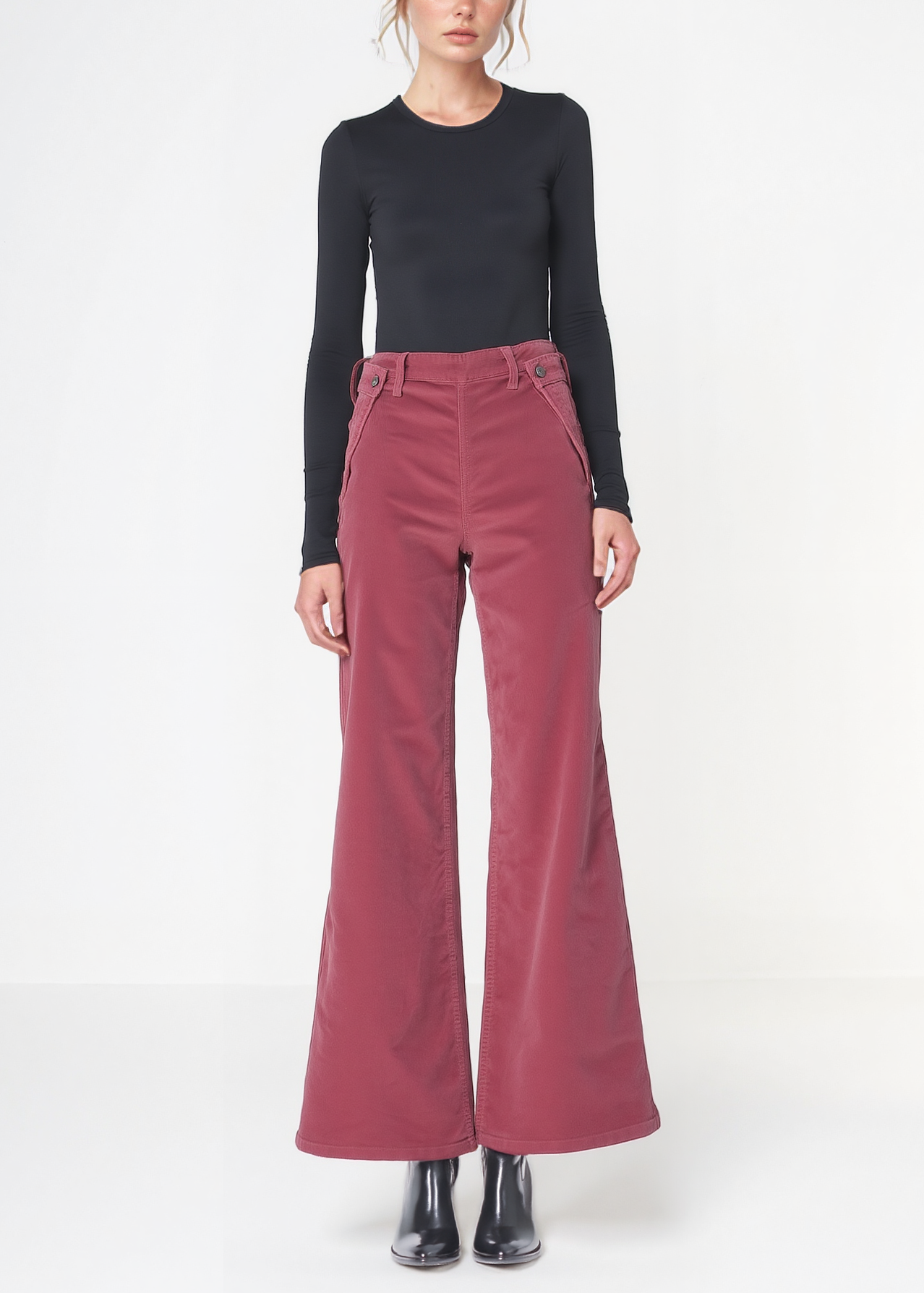 Dina High Waisted Wide Corduroy In Deep Merlot